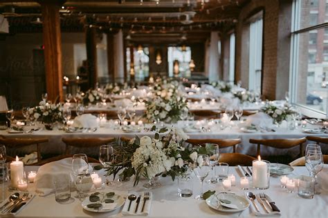 Long Tables Set Up For Wedding Reception Inside Old