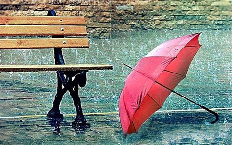 Red Umbrella Near A Bench Rainy Day Wallpaper Download