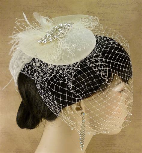 Full Birdcage Veil Bridal Hat Ivory Feather Fascinator Bridal