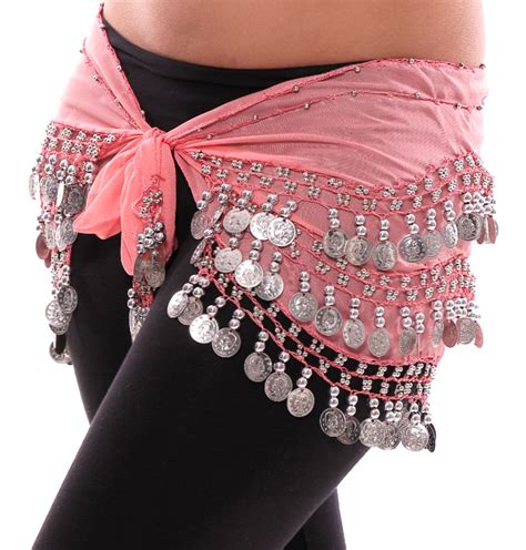 Chiffon Belly Dance Hip Scarf With Beads And Coins Coral Silver