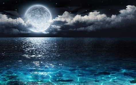Fonds Décran Pleine Lune Mer Bleue Nuages Nuit Paysage Magnifique