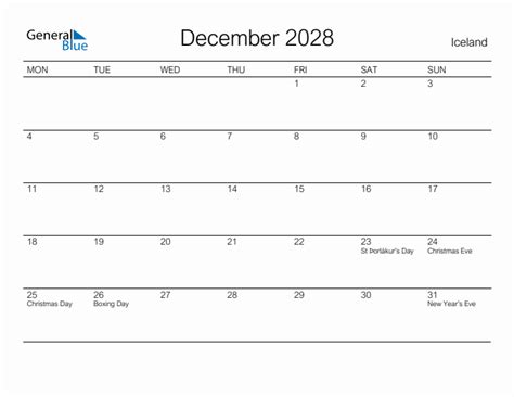 December 2028 Iceland Monthly Calendar With Holidays