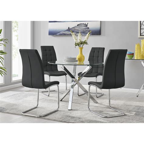 Selina Chrome Round Glass Dining Table With Four Murano Chairs Set