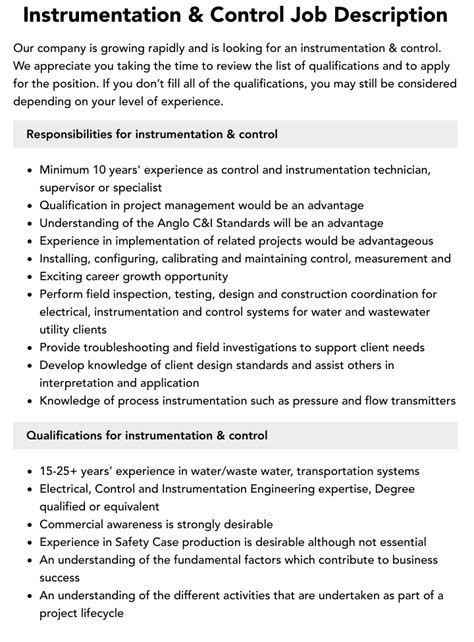 Instrumentation And Control Job Description Velvet Jobs