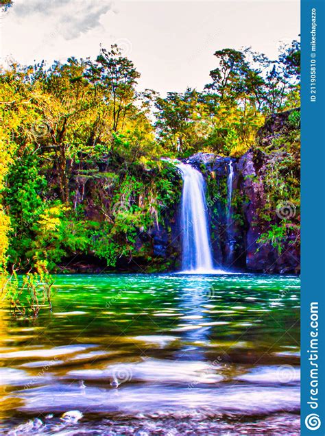Romantic Idylllic Turquoise Mountain Lake Water Fall Stock Photo