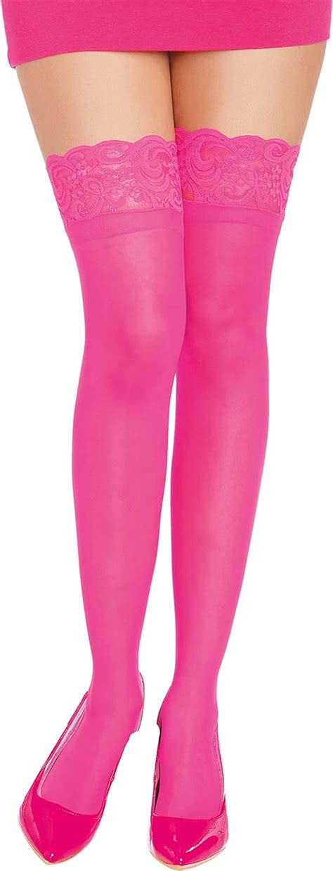 Amazon Com Dreamgirl Women S Standard Silicone Lace Top Sheer Thigh High Neon Pink One Size