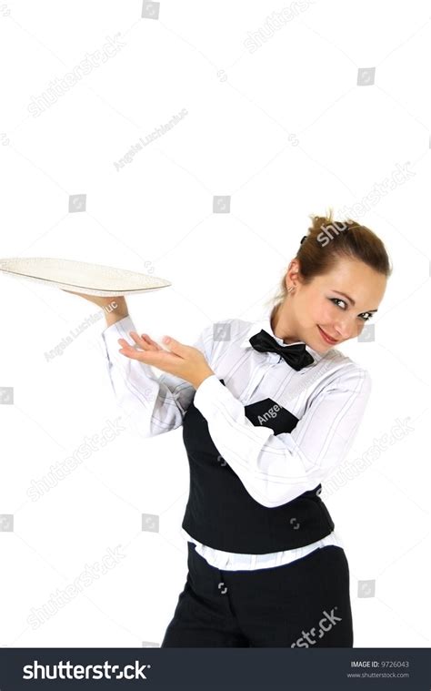 Waitress In Uniform And Necktie Holding Empty Tray Isolated On White