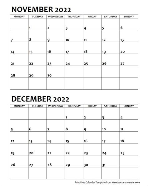 Nov Dec 2022 Calendar Monday Start Editable Two Months Template