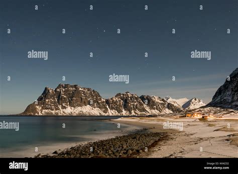 Moonlit Utakleiv Beach Lofoten Islands Norway In The Winter Stock