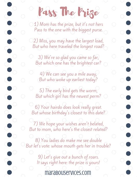 The poem tells a story leading to the gift passing from person to person in an. Unique Baby Shower Pass the Prize Game! - Marabou Services