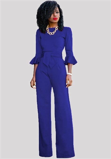 Dayscloth Blue Sashes Ruffle High Waisted Bell Sleeve Wide Leg For Long Jumpsuit Jumpsuits For