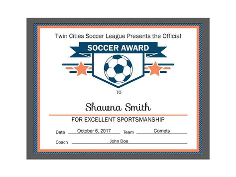 Editable Pdf Sports Team Soccer Certificate Award Template Within