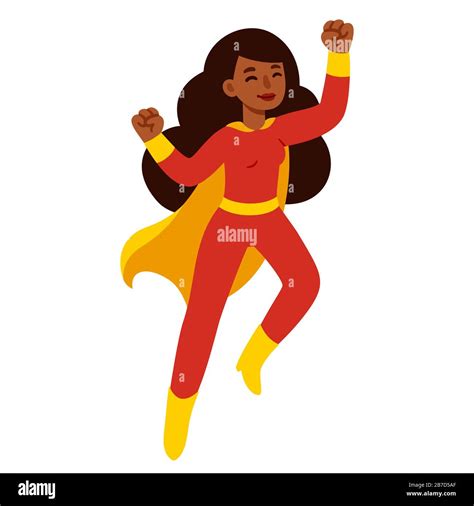 Cartoon Superhero Black Woman In Red Costume With Cape Cute Female