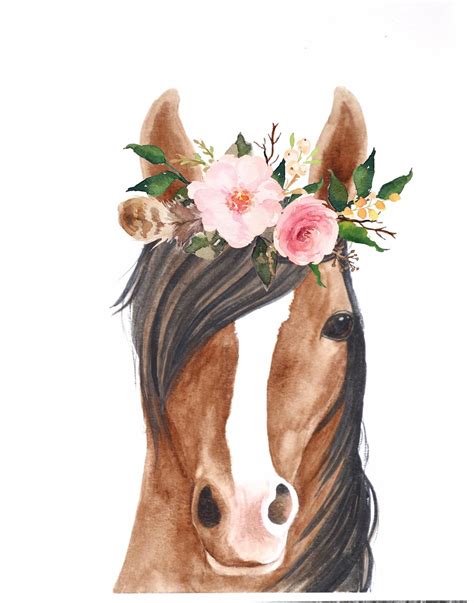 Horse Flower Crown Watercolor Wall Art Print Etsy Horse Flowers