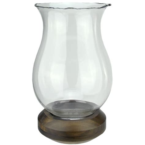 17 Wavy Edged Clear Glass Hurricane Pillar Candle Holder With Wooden Base