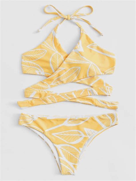 Yellow Leaf Print Swimsuit Cross Wrap Halter Top High Leg Bikini Bottom