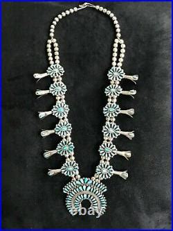 Rare Turquoise Sterling Silver Squash Blossom Necklace Vintage Fm
