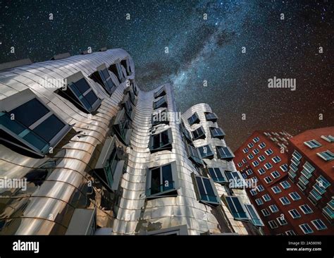 Gehry Buildings At Night Starry Sky Dusseldorf Germany Stock Photo