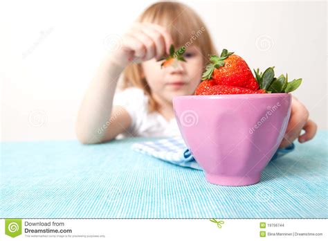 Little Girl With A Bowl Of Strawberries Stock Photo Image Of Tasty