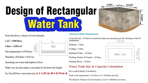 A registered plumber or water tank supplier can offer advice on the best tank to choose and where it should go on your property. Design Of Rectangular Water Tank - Engineering Discoveries