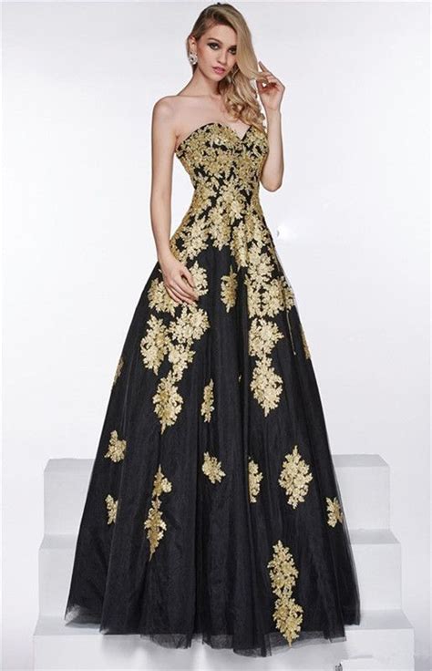 Black And Gold Embroidered Prom Dresses Masquerade Halloween Evening