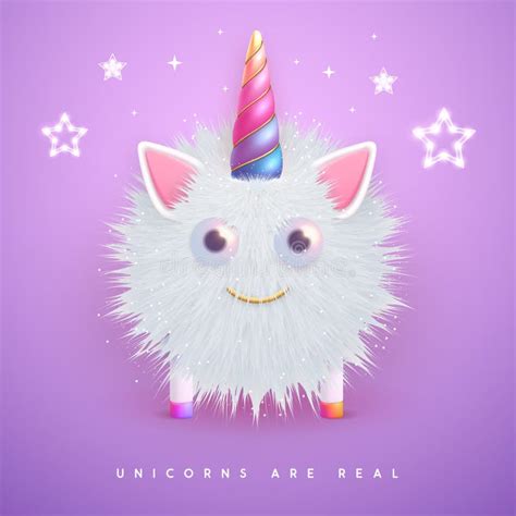 3d Realistic Fluffy Unicorn With Rainbow Horn Isolated On Violet