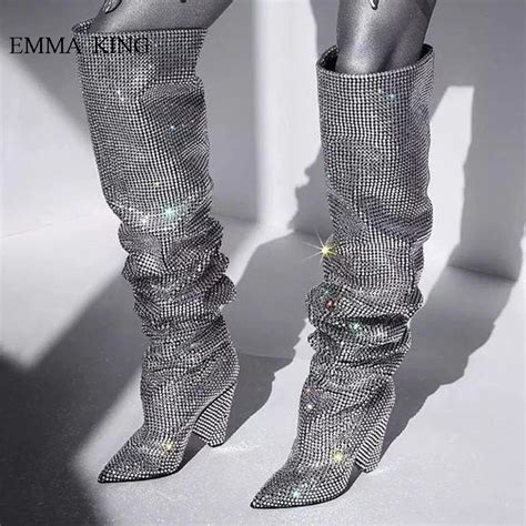 luxury autumn winter boots women bling bling knee high rhinestone boots designer crystal pointed