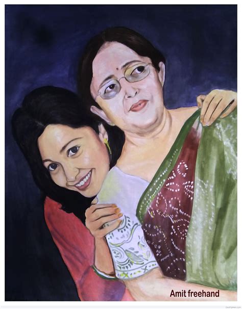 Lovely Mother And Daughter Oil Painting By Amit Freehand