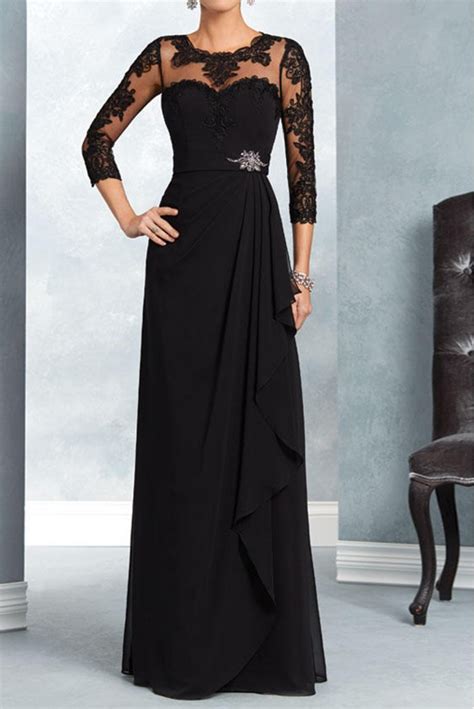 34 Length Sleeves Long Black Chiffon Lace Mother Of The Bride Dresses 602164