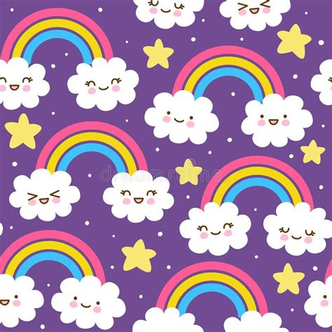 Seamless Pattern With Cute Cartoon Clouds With Rainbows And Stars Stock