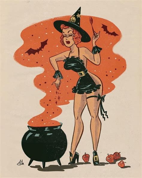 witches of halloween pin up and cartoon girls art vintage and modern artworks