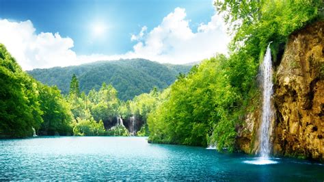Free Download Natural Waterfall Summer Lake Trees Full Hd
