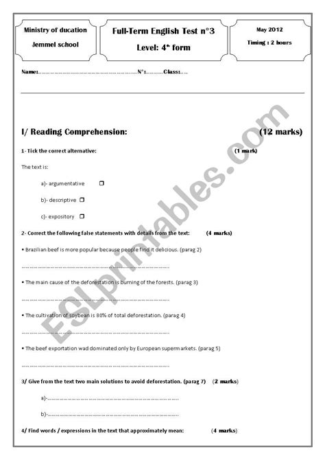 English Test Fourth Form Esl Worksheet By Aicha69
