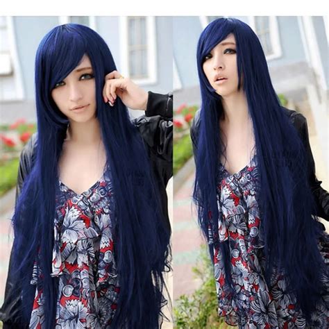 Deep Blue Long Hair Straight Wig Cosplay Anime Costume Party Women Full Wigs On
