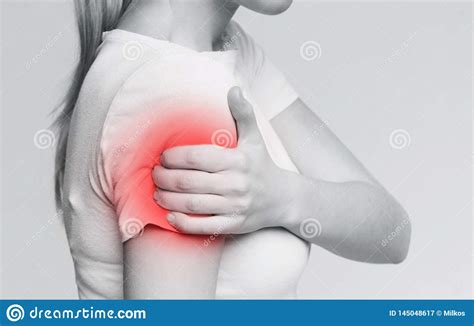 Female Body With Inflamed Shoulder Zone Muscle Pain Stock Image