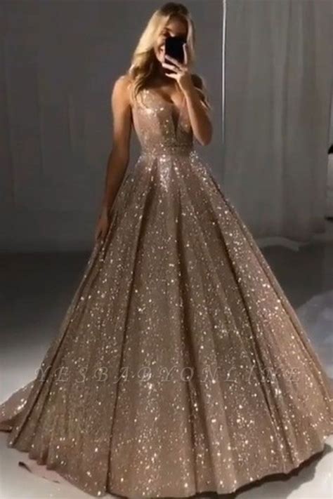 Shiny Gold Ball Gown Evening Dresses Sexy V Neck Sequin Prom Dresses