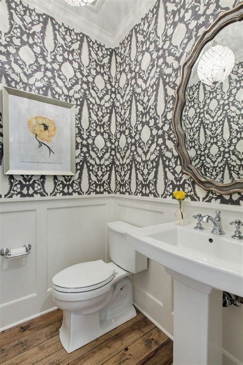 Cute new papers from joanna gaines! floral wallpaper Powder Room Traditional with wainscoting ...