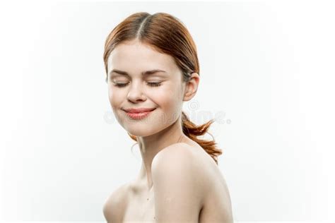 Pretty Woman Naked Shoulders Cosmetics Face Glamor Smile Background Stock Photo Image Of