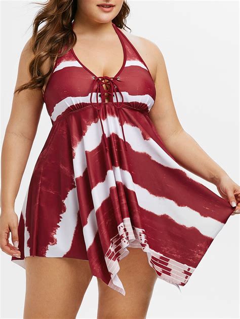 [27 Off] 2020 Plus Size Halter Tie Dye Handkerchief Tankini Swimwear In Red Wine Dresslily