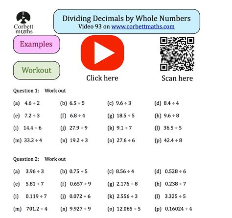 Dividing decimals by whole numbers worksheet
