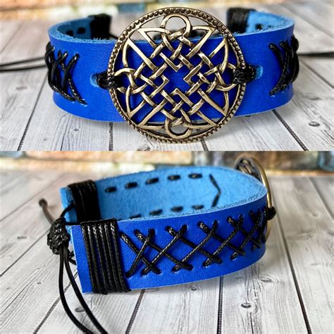 Celtic Knot Blue Leather Bracelet With Brass Charm Leather Bracelet