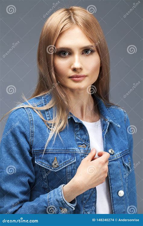 Beautiful Blonde Woman Dressed In A Denim Jacket Stock Photo Image Of Fashion Close