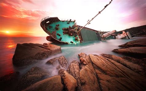 Sunset Shipwreck Abandoned Broad Sea Rocks Desktop Wallpaper Hd