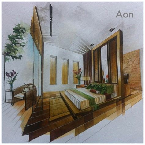One point perspective drawing example: Master bedroom perspective. Home office project, tropical ...