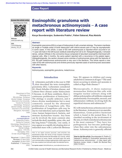 Pdf Eosinophilic Granuloma With Metachronous Actinomycosis A Case