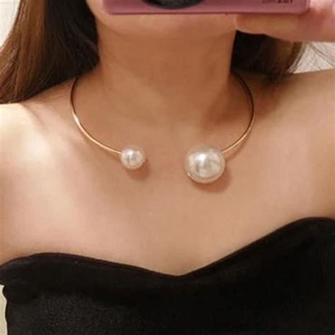 Double Simulated Pearl Open Cuff Choker Necklace Pearl Choker