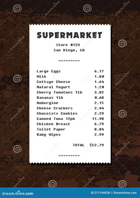 Grocery Cash Receipt Food Prices In America Stock Vector