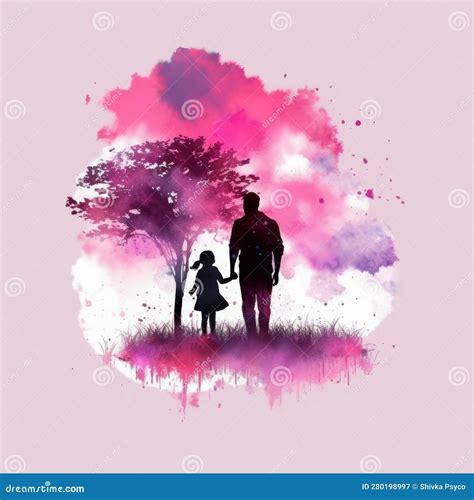 Father And Daughter Silhouette Watercolor Painting Pink Theme