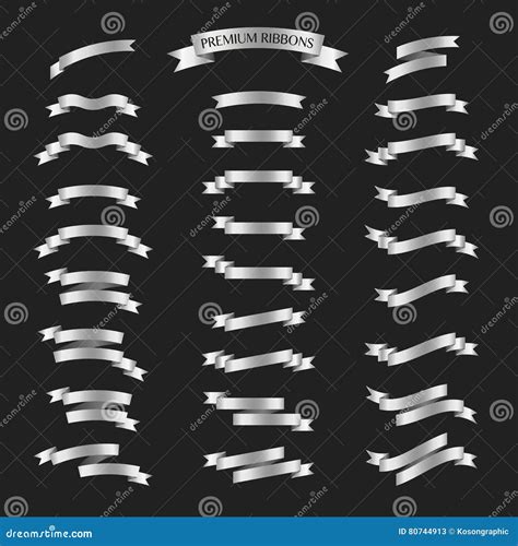 Silver Ribbons Vector Set On Black Background Premium Ribbons Stock