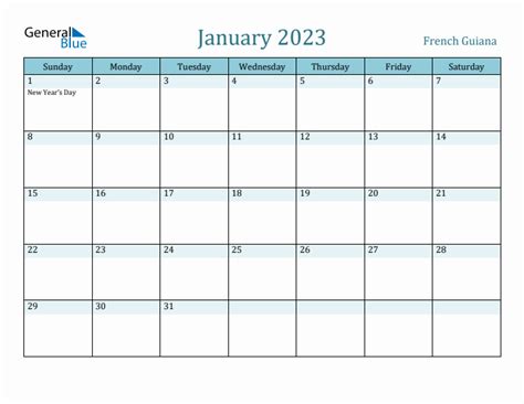 January 2023 Calendar With French Guiana Holidays